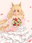  animal_ears bare_shoulders blonde_hair blue_eyes bouquet bow bride collarbone dress flower g41_(girls_frontline) girls_frontline hair_bow heterochromia highres ling_huanxiang long_hair looking_at_viewer low_twintails petals red_eyes smile solo twintails very_long_hair wedding_dress white_dress 