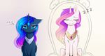  blue_eyes chair cosmic_hair equine eyelashes eyes_closed feathered_wings feathers friendship_is_magic fur hair horn magnaluna mammal my_little_pony pink_hair princess_celestia_(mlp) princess_luna_(mlp) simple_background throne white_background white_feathers white_fur winged_unicorn wings 