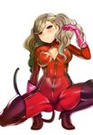  ass_visible_through_thighs blonde_hair blue_eyes blush bodysuit boots breasts cat_tail cleavage cleavage_cutout gloves hair_ornament hairclip high_heel_boots high_heels hijiri_ruka large_breasts long_hair persona persona_5 red_bodysuit shiny shiny_clothes simple_background skin_tight solo spread_legs tail takamaki_anne thigh_boots thighhighs tiptoes twintails zipper 