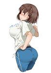  2016 ai-chan_(tawawa) ass blue_pants blush braid breast_squeeze breasts brown_eyes brown_hair closed_mouth cropped_legs dated from_behind from_side frown full-face_blush getsuyoubi_no_tawawa gym_shirt large_breasts looking_at_viewer looking_to_the_side one_eye_closed outstretched_arms pants shirt short_sleeves side_braid simple_background sketch solo stretch sweatdrop track_pants white_background xiao_chichi 