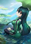  2016 ass asui_tsuyu black_eyes black_hair bodysuit boku_no_hero_academia breasts crow_aberdeen dated frog gloves green_bodysuit highres indian_style lily_pad long_hair looking_at_viewer medium_breasts rain signature sitting solo very_long_hair water white_gloves 