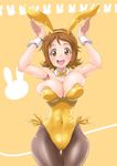  animal_ears areola_slip areolae ass_visible_through_thighs bow bowtie breasts brown_eyes brown_hair brown_legwear bunny_ears bunny_pose bunnysuit bursting_breasts cleavage covered_navel cowboy_shot detached_collar eunos happinesscharge_precure! highres jumping large_breasts leotard oomori_yuuko open_mouth pantyhose precure round_teeth side-tie_leotard skindentation solo teeth thigh_gap wrist_cuffs yellow yellow_background yellow_bow yellow_leotard 