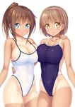  bangs blue_eyes blue_swimsuit blush breasts brown_eyes brown_hair cleavage collarbone competition_school_swimsuit hairband hand_on_another's_shoulder highleg highleg_swimsuit highres hug ichi_makoto large_breasts long_hair multiple_girls one-piece_swimsuit original ponytail school_swimsuit short_hair simple_background smile swimsuit tan tanline white_background white_school_swimsuit white_swimsuit yellow_eyes 
