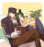  1girl black_hair blue_eyes book braid chain coat couch crossed_legs double_bun father_and_daughter green_hair green_lipstick hat hug jojo_no_kimyou_na_bouken kuujou_jolyne kuujou_joutarou lipstick makeup multicolored_hair pillow plant reading single_braid sitting squiggle star star_pillow stone_ocean turning_page two-tone_hair vase yway1101 