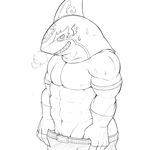  abs anthro clothed clothing fish looking_at_viewer male marine monochrome muscular pants_down partially_clothed pecs shark simple_background solo undressing urakata5x white_background 