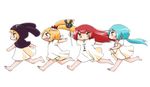  &gt;:) &gt;_&lt; :d animal_hood aqua_hair barefoot blonde_hair blush bunny_hood character_request chibi closed_eyes clothes_writing eyebrows eyebrows_visible_through_hair full_body holding hood long_hair low_ponytail multiple_girls open_mouth outstretched_arms profile red_hair running senkou_no_ronde serizawa_enono short_sleeves simple_background skirt skirt_lift smile stick translation_request triangle_mouth twintails v-shaped_eyebrows very_long_hair white_background yellow_eyes 