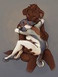  2013 alejandra anthro breasts brown_fur canine dog duo embrace exhausted eyes_closed female fur hand_on_back hand_on_thigh izzy labrador mammal maxi-rover multicolored_fur nude nuzzling on_lap pawpads paws side_boob simple_background sitting_on_lap 