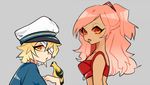  1girl :p bandages bird blonde_hair crop_top dark_skin gradient_hair grey_background hat highres james_(vocaloid) long_hair looking_back makeup mascara misharoute multicolored_hair oliver_(vocaloid) open_mouth orange_eyes peaked_cap pink_hair ruby_(vocaloid) simple_background tongue tongue_out vocaloid zipper 