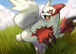  blue_sky cloud cloudy_sky creature creatures_(company) day fang full_body game_freak gen_3_pokemon grass looking_away nintendo no_humans open_mouth pokemon pokemon_(creature) sky solo standing standing_on_one_leg thumpleweed zangoose 