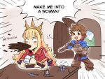  1boy 1girl ange_(angeban93) arm_guards armor bangs blonde_hair blush brown_eyes brown_hair cagliostro_(granblue_fantasy) coffee coffee_mug commentary commission cup door english_commentary english_text gran_(granblue_fantasy) granblue_fantasy hairband long_hair looking_at_another mug mug_writing open_door open_mouth short_hair smile spit_take spitting surprised table tiara vial white_eyes wooden_door 