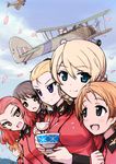  &gt;:) :d aegis_(nerocc) aircraft airplane assam bangs biplane blonde_hair blue_eyes bow braid brown_eyes brown_hair cherry_blossoms closed_mouth cloud cloudy_sky commentary cup darjeeling day emblem extra eyebrows eyebrows_visible_through_hair flag girls_und_panzer hair_bow hair_over_shoulder hair_ribbon holding holding_cup jacket long_hair long_sleeves looking_at_another looking_at_viewer multiple_girls open_mouth orange_hair orange_pekoe parted_bangs red_hair red_jacket ribbon rosehip roundel rukuriri saucer short_hair single_braid sky smile st._gloriana's_military_uniform swordfish_(airplane) teacup tied_hair twin_braids v-shaped_eyebrows 