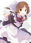  :d absurdres backlighting bad_id bad_pixiv_id bow brown_hair copyright_name dress frilled_dress frills german green_eyes hand_up highres kaneko_aaru leaning_forward long_hair looking_at_viewer lotte_(shuumatsu_no_izetta) maid maid_headdress open_mouth shuumatsu_no_izetta simple_background smile solo twintails white_background 