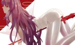  1girl all_fours arched_back ass bangs bare_shoulders between_legs blush china_dress chinese_clothes closed_mouth dress dutch_angle eyebrows_visible_through_hair fate/grand_order fate_(series) feet_out_of_frame from_side gae_bolg grey_dress grey_legwear long_hair looking_at_viewer looking_to_the_side profile purple_eyes purple_hair scathach_(fate)_(all) scathach_(fate/grand_order) side_slit sideways_glance sleeveless sleeveless_dress smile solo very_long_hair vic white_legwear 