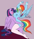  2016 anthro anthrofied armpits blush clothing dialogue duo elzzombie english_text equine eyes_closed feathered_wings feathers female female/female friendship_is_magic glowing hair hi_res horn legwear long_hair magic mammal multicolored_hair my_little_pony nude pegasus pussy rainbow_dash_(mlp) rainbow_hair restrained text thigh_highs twilight_sparkle_(mlp) winged_unicorn wings 