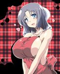  :d apron areola_slip areolae bare_arms bare_shoulders black_hair blue_eyes blush bow breasts collarbone commentary_request covered_nipples hair_bow heart large_breasts looking_at_viewer mister_(black_and_white) naked_apron open_mouth plaid plaid_background red_apron senran_kagura senran_kagura_shinovi_versus short_hair sideboob smile solo upper_body v_arms white_bow yumi_(senran_kagura) 