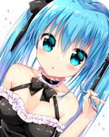  :o bare_shoulders black_bow black_neckwear black_ribbon blue_eyes blue_hair blush bow bowtie breasts bustier choker cleavage collarbone detached_sleeves dutch_angle eyebrows eyebrows_visible_through_hair frilled_choker frills hair_between_eyes hair_ribbon hatsune_miku holding holding_hair ikari_(aor3507) long_hair looking_at_viewer medium_breasts ribbon solo twintails upper_body vocaloid 