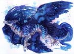  ambiguous_gender blue_eyes claws dragon feathered_dragon feathers feral flying fur furred_dragon isvoc nude simple_background smile solo traditional_media_(artwork) white_background 