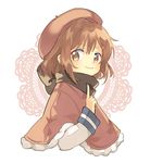  brown_eyes brown_hair capelet floral_print fur_trim hair_ornament hairclip highres ikazuchi_(kantai_collection) kantai_collection long_sleeves looking_at_viewer pointing pointing_up scarf school_uniform serafuku short_hair simple_background smile solo white_background zuho_(vega) 