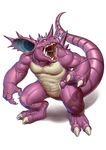  2016 2_toes 3_fingers absurd_res belly_scales claws digitigrade feral hi_res horn long_tail looking_at_viewer male multicolored_scales muscular muscular_male nidoking nintendo open_mouth pecs pok&eacute;mon purple_scales quads realistic roaring rollwulf saliva scales scalie scar sharp_teeth simple_background solo spikes standing tan_scales teeth thick_tail toes tongue two_tone_scales video_games white_background 