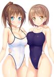  blue_eyes blue_swimsuit blush breast_press breasts brown_eyes brown_hair cleavage collarbone competition_school_swimsuit hairband hand_on_another's_shoulder highleg highleg_swimsuit highres ichi_makoto large_breasts long_hair multiple_girls one-piece_swimsuit original ponytail school_swimsuit short_hair simple_background smile swimsuit white_background white_school_swimsuit white_swimsuit yellow_eyes 