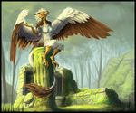  2016 anthro armpits avian beak breasts brown_feathers claws detailed_background dragon eastern_dragon egyptian_vulture eva_(ozawk) eyes_closed feathered_wings feathers featureless_breasts female horn hybrid long_tail nude outside raining ruins signature sitting skiaskai solo talons tree two_tone_feathers whiskers white_feathers wings 