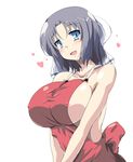  :d apron areola_slip areolae bare_arms bare_shoulders black_hair blue_eyes blush bow breasts collarbone commentary_request covered_nipples hair_bow heart large_breasts looking_at_viewer mister_(black_and_white) naked_apron open_mouth red_apron senran_kagura senran_kagura_shinovi_versus short_hair sideboob smile solo upper_body v_arms white_background white_bow yumi_(senran_kagura) 
