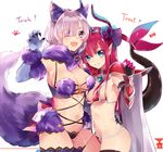  alternate_costume animal_ears armor armpits bad_id bad_pixiv_id bangs bikini_armor black_legwear black_panties blue_eyes bow breasts choker cleavage commentary cowboy_shot dangerous_beast dragon_tail elbow_gloves elizabeth_bathory_(brave)_(fate) elizabeth_bathory_(fate) elizabeth_bathory_(fate)_(all) eyes_visible_through_hair fate/grand_order fate_(series) fur-trimmed_gloves fur_trim gem gloves hair_over_one_eye halloween halloween_costume highres horns ichinosenen large_breasts long_hair looking_at_viewer mash_kyrielight medium_breasts multiple_girls navel o-ring open_mouth panties pauldrons pink_bow pointy_ears purple_eyes purple_hair purple_legwear red_hair short_hair sideboob smile tail thighhighs trick_or_treat underwear wolf_ears wolf_tail 