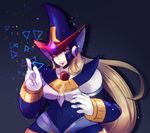  android berkana black_background blonde_hair breasts chubby dress gloves hat hydrangea_(artist) lips lipstick long_hair purple_eyes robot rockman rockman_x smile triangle white_gloves witch witch_hat 