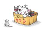  ahoge animal animalization box cat colored_pencil_(medium) commentary_request dainamitee enemy_aircraft_(kantai_collection) for_adoption go_back! in_box in_container kantai_collection kitten mittens no_humans non-human_admiral_(kantai_collection) northern_ocean_hime rat shinkaisei-kan simple_background traditional_media translated triangle_mouth white_background white_cat 