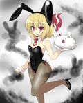  animal_ears blonde_hair breasts bunny_ears bunny_tail bunnysuit comic commentary covered_navel detached_collar fang goma_(gomasamune) hair_ornament high_heels highres kedama looking_at_viewer necktie open_mouth pantyhose red_eyes rumia short_hair small_breasts smile solo tail touhou tray wrist_cuffs 