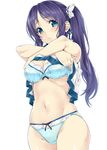  blue_eyes blue_hair blush bra breasts cleavage clothes_lift crossed_arms eyebrows eyebrows_visible_through_hair hair_ribbon highres hiradaira_chisaki large_breasts lifted_by_self long_hair looking_at_viewer looking_down nagayori nagi_no_asukara navel open_mouth panties parted_lips ribbon simple_background solo stomach thighs tied_hair underwear white_background 