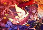  absurdly_long_hair alternate_hair_length alternate_hairstyle animal_ears autumn_leaves bare_shoulders breasts cleavage closed_mouth collarbone commentary_request fate/extra fate/grand_order fate_(series) fox_ears fox_girl fox_tail hair_between_eyes hair_ornament hair_stick highres holding holding_umbrella japanese_clothes jh kimono large_breasts long_hair long_sleeves looking_at_viewer multiple_tails multiple_torii off_shoulder oriental_umbrella pink_hair sidelocks smile solo tail tamamo_(fate)_(all) tamamo_no_mae_(fate) torii umbrella very_long_hair wide_sleeves yellow_eyes 