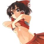  absurdres black_eyes black_hair bow breasts brown_hair commentary hair_between_eyes hair_bow hair_tubes hakurei_reimu highres lifted_by_self looking_at_viewer medium_breasts navel nuqura red_bow red_skirt sarashi simple_background skirt solo stomach touhou underboob undressing white_background 