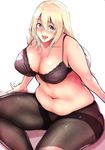  atago_(kantai_collection) bifidus big_belly black_bra blonde_hair blue_eyes blush bra braid breasts cleavage commentary_request crotch_seam fat fat_folds hair_between_eyes kantai_collection large_breasts long_hair looking_at_viewer navel open_mouth pantyhose plump shadow shiny shiny_skin sitting smile solo thighband_pantyhose underwear white_background 