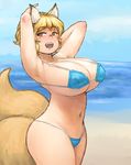  :d animal_ears armpits arms_behind_back beach bikini blonde_hair blush breasts brown_eyes chanta_(ayatakaoisii) day eyebrows eyebrows_visible_through_hair fox_ears fox_tail highres huge_breasts looking_at_viewer multiple_tails navel ocean open_mouth short_hair smile solo swimsuit tail touhou yakumo_ran 