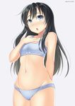  arm_behind_back asashio_(kantai_collection) bad_id bad_pixiv_id black_hair blue_bra blue_eyes blue_panties blush bow bow_bra bra breasts chestnut_mouth collarbone cowboy_shot grey_background hand_on_own_chest kankitsunabe_(citrus) kantai_collection long_hair navel nose_blush open_mouth panties simple_background small_breasts solo training_bra twitter_username underwear underwear_only 