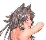  animal_ears bad_id bad_pixiv_id blush close-up ewokaku_kitsune eyelashes from_behind grey_hair long_hair looking_at_viewer looking_back nape nude open_mouth original pink_eyes shiny shiny_skin shoulder_blades simple_background solo spine water wet white_background 