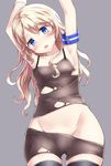  armband arms_up blonde_hair blue_eyes blush breasts camisole commentary_request gloves highres long_hair looking_at_viewer navel neit_ni_sei open_mouth original pala_bergsson small_breasts solo thighhighs torn_clothes underwear 