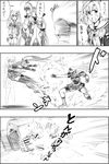  abukuma_(kantai_collection) bike_shorts byeontae_jagga comic gloves greyscale hair_flaps hair_ornament hairband hairclip highres kantai_collection kawakaze_(kantai_collection) long_hair low_twintails monochrome multiple_girls punching remodel_(kantai_collection) scarf shigure_(kantai_collection) stomach_punch translation_request twintails very_long_hair yuudachi_(kantai_collection) 