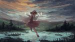  absurdres blurry bow brown_hair cloud cloudy_sky depth_of_field flying gohei grass hair_bow hair_tubes hakurei_reimu highres hill lake landscape light_particles long_hair mary_janes mifuru profile ripples river scenery shoes sidelocks sky solo spell_card touhou tree twilight 