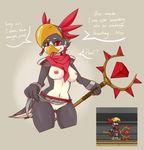  2016 anthro avian avian_(starbound) beak bird breasts clothed clothing feathers female josia looking_at_viewer navel nipples nude open_mouth pussy red_eyes silver723 simple_background skimpy smile solo starbound tongue tongue_out video_games wide_hips 