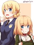  black_neckwear blonde_hair blue_eyes blue_sweater commentary_request cup darjeeling dress_shirt eating emblem eyebrows eyebrows_visible_through_hair fork girls_und_panzer highres holding holding_cup kapatarou katyusha knife long_sleeves looking_at_viewer multiple_girls necktie open_mouth out_of_frame pravda_(emblem) school_uniform shirt st._gloriana's_school_uniform sweater teacup twitter_username upper_body v-neck white_shirt 