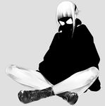  ankle_boots arm_support bare_legs boots cross-laced_footwear full_body gas_mask grey_background greyscale highres lace-up_boots long_sleeves monochrome original short_hair_with_long_locks simple_background sitting solo sousou_(sousouworks) 