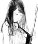 bare_arms bare_shoulders bass_guitar blouse breasts closed_eyes closed_mouth eyelashes fingernails from_side greyscale headphones headphones_around_neck highres instrument lips long_hair medium_breasts monochrome music original playing_instrument simple_background sleeveless solo sousou_(sousouworks) upper_body white_background wire 