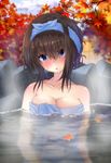  autumn_leaves black_hair blue_eyes blush breasts bust_cup cleavage eyebrows eyebrows_visible_through_hair hair_over_eyes idolmaster idolmaster_cinderella_girls large_breasts leaf long_hair maple_leaf onsen rain_yadori sagisawa_fumika solo towel towel_on_head water 