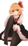  arano_oki bad_feet blonde_hair dress dress_lift frilled_dress frills grin hair_ribbon long_sleeves orange_eyes pantyhose ribbon rumia short_hair smile solo touhou 