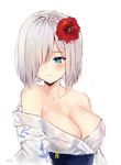  alternate_costume arms_at_sides bad_id bad_pixiv_id bare_shoulders blue_eyes blush breasts cleavage closed_mouth collarbone embarrassed flower frown hair_flower hair_ornament hair_over_one_eye hamakaze_(kantai_collection) japanese_clothes kantai_collection kimono looking_away medium_breasts obi off_shoulder red_flower sash short_hair silver_hair simple_background solo tr_(hareru) translucent upper_body white_background white_kimono 