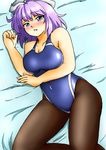  absurdres black_legwear blue_swimsuit blush breasts cleavage competition_swimsuit d-m_(dii_emu) hat highres large_breasts lavender_hair letty_whiterock looking_at_viewer lying one-piece_swimsuit open_mouth pantyhose pantyhose_under_swimsuit short_hair solo swimsuit touhou 