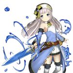  blue_eyes ccaw detached_sleeves earrings highres holding holding_sword holding_weapon jewelry long_hair silver_hair simple_background smile solo sword tenkuu_no_craft_fleet water weapon white_background 