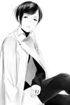  arm_at_side bangs black_sweater buttons coat crossed_legs eyelashes greyscale highres lips long_sleeves looking_to_the_side monochrome original parted_lips short_hair simple_background sitting sleeves_past_wrists solo sousou_(sousouworks) sweater swept_bangs thighhighs turtleneck very_short_hair white_background 